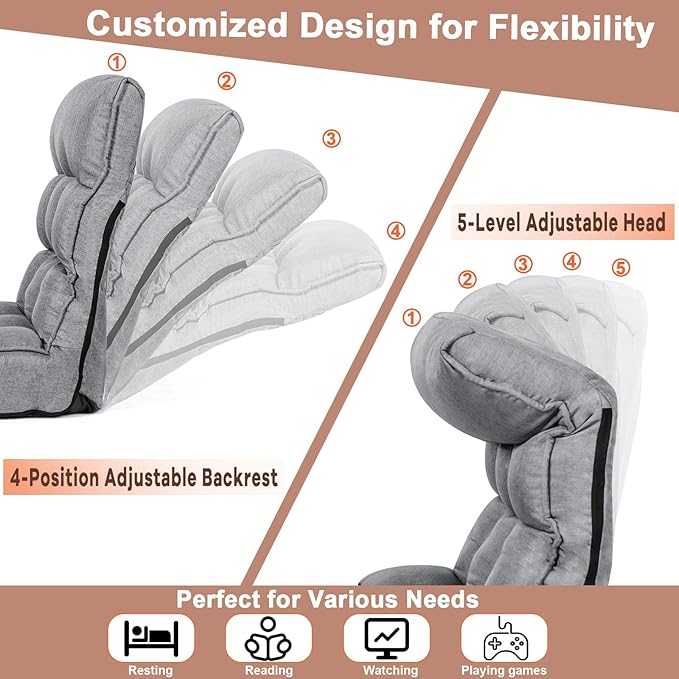 MAT EXPERT Folding Floor Chair, Floor Gaming Chair w/ 4-Position Backrest, 5-Position Adjustable Headrest, Side Pocket, Indoor Floor Chair w/Back Support for Bedroom, Living Room (Grey)