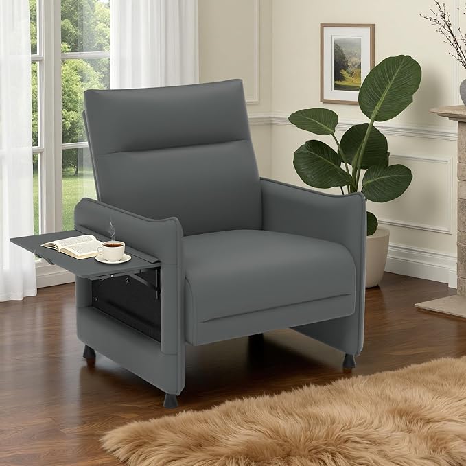 Upholstered Accent Sofa, Modern Faux Leather Sofa Chair with Hidden Foldable Tray & Side Pocket, Front Contour Arm Design, Small Accent Sofa for Bedroom, Gray