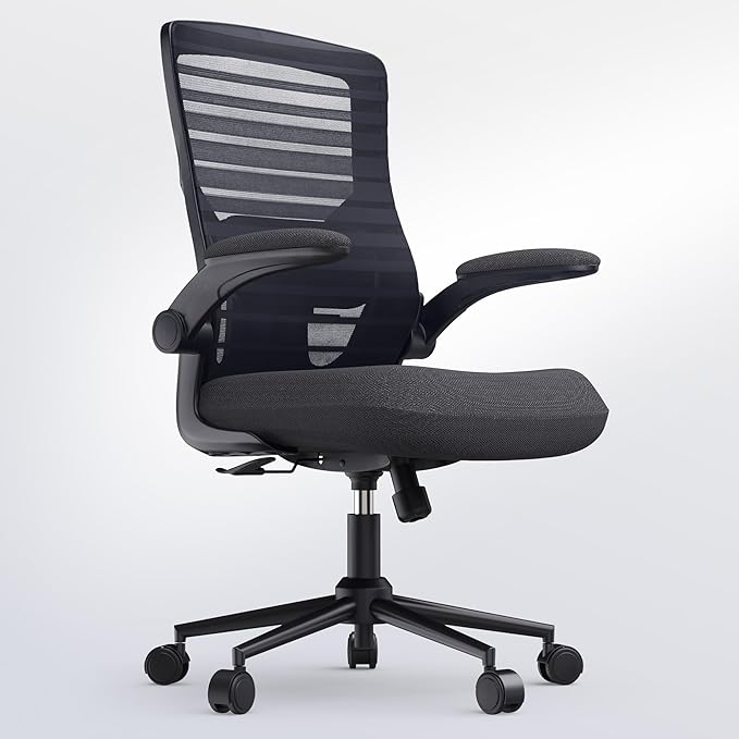Office Desk Chair for Long Hours & Lower Back Pain Relief – 4“ Thick Molded Foam Cushion, Enhanced Lumbar Support, Padded Flip-up Armrests, New Year Workspace Upgrade, Black
