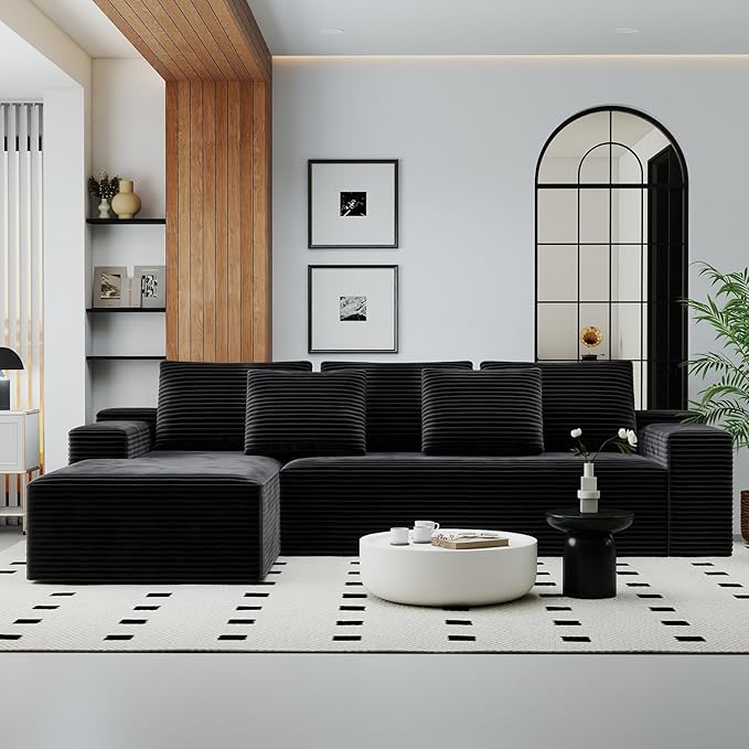 KAPEETOO Modular Sectional Sofa Cloud Couch with Chaise Longue, Left L Shaped Boneless Couch with Deep Seat, Oversize 3-Seater Sofa L Shaped Set for Living Room Bedroom (Black)
