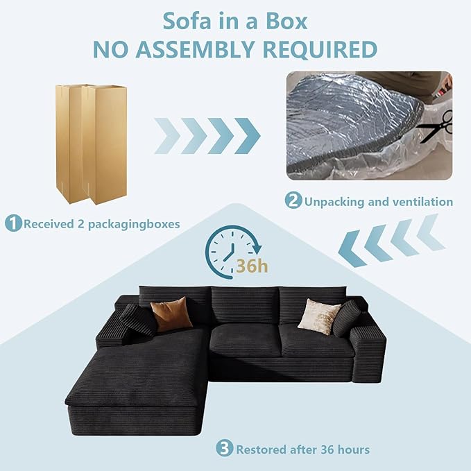 107" Cloud Sectional Couch with L-Shape Chaise, Modern Corduroy Viral Boneless Sofa for Living Room,Memory Foam Couches in a Box with Deep Seat,No Assembly Required (Black,Left-Facing Chaise)