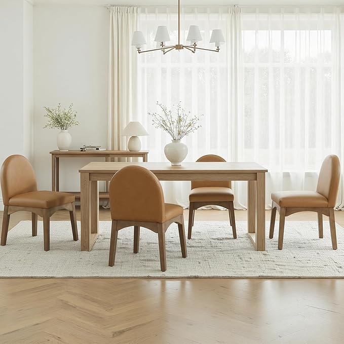 HNY Mid Century Modern Dining Chairs Set of 4, Faux Leather Upholstered Dining Room Chairs Armless Kitchen Chairs with Solid Rubberwood Legs, Accent Side Chairs for Living Room, Brown