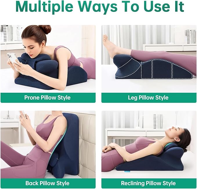 Memory Foam Ergonomic Rest Pillow, Prone Pillow for Sleeping, Reading Pillow for Bed, Ergonomic Support for Back Pain, Acid Reflux & Sitting Up, Ideal for Massage, with Removable Cover