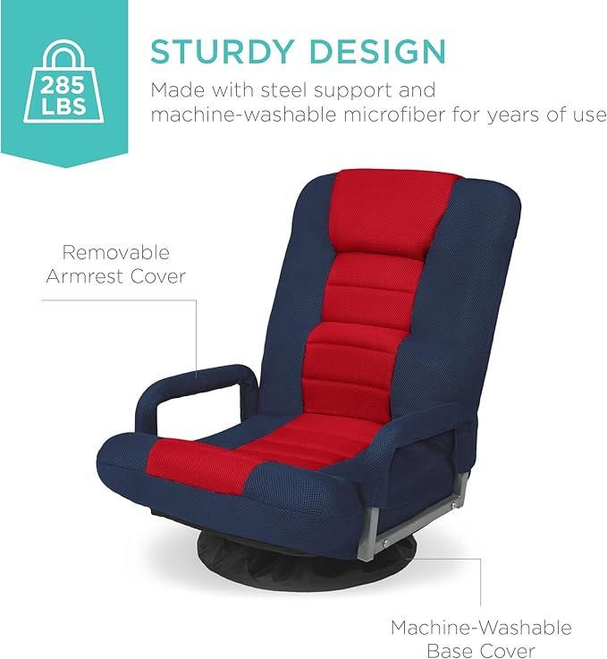 Best Choice Products Swivel Gaming Chair 360 Degree Multipurpose Floor Chair Rocker for TV, Reading, Playing Video Games w/Lumbar Support, Armrest Handles, Adjustable Foldable Backrest - Blue/Red
