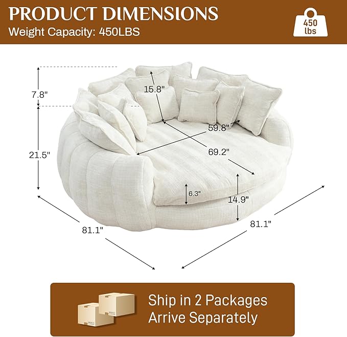 81" Oversized Bean Bag Chair Boneless Round Chaise Lounge Comfy Chenille Reading Chair Fluffy Plush Sofa Bed Large Deep Seat Circle Cloud Couch for Living Room, Bedroom, Apartment, Beige