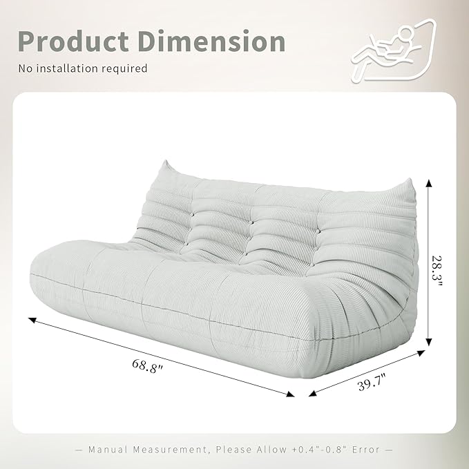 Bean Bag Chair Sofa Fireside 3 Seat Lounger Couch for Adults Corduroy Cozy Lazy Floor Sofa Memory Foam Chair for Home, Apartment and Gaming Venue,Mint Green