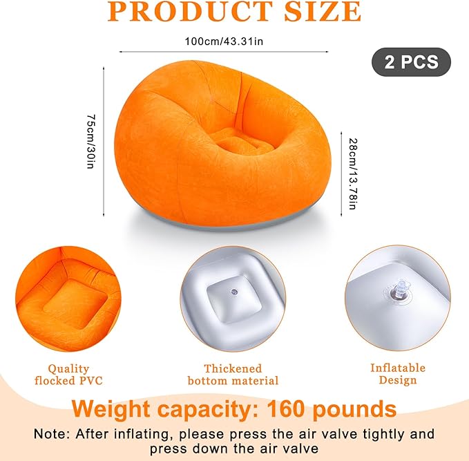 Realspring 2 Pcs Inflatable Bean Bag Chairs with Electric Air Pump Outdoor Blow up Chair Inflatable Lazy Sofa Folding Portable Loungers Couch for Living Room Bedroom(Orange)