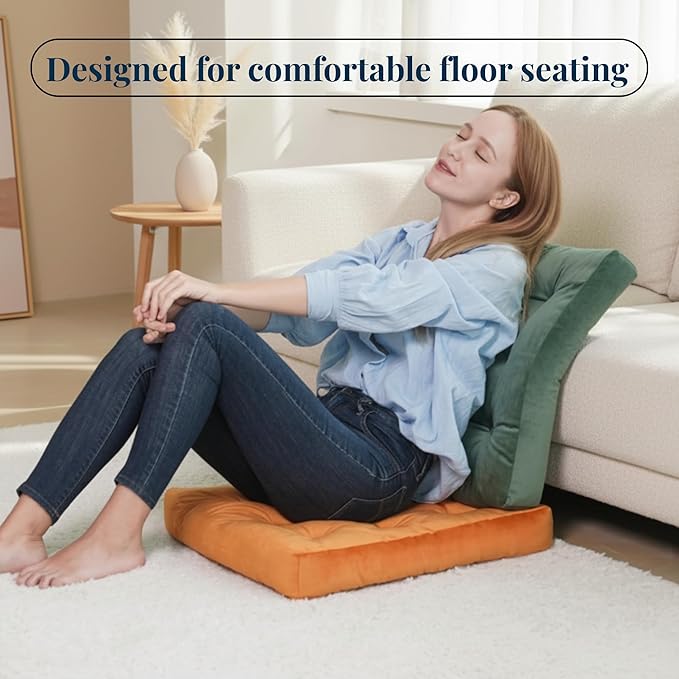 Velvet Floor Pillow Set of 2, Square Large Pillows Seating for Adults, Tufted Cushions for Meditation, Yoga, Tatami, Living Room, Chair, Machine-Washable & Dryer-Safe, Orange, 22x22 Inch