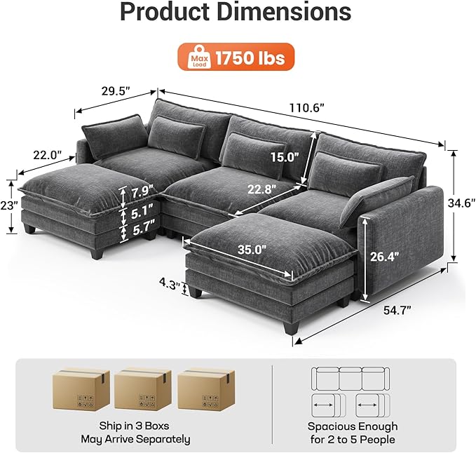 Pipishell Sectional Couches for Living Room, 110.6" U-Shaped Modular Sectional Sofa, 5-Seat Chenille Deep Seat Cloud Couch with 2 Movable Ottomans & Throw Pillows, Grey
