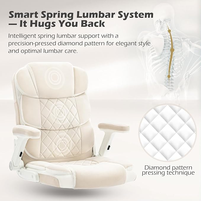 SEATZONE Home Office Desk Chairs with Wheels and Flip-up Armrests,Velvet Fabric Executive Office Chair Comfortable Ergonomic Computer Chairs for Adults and Teens,Beige