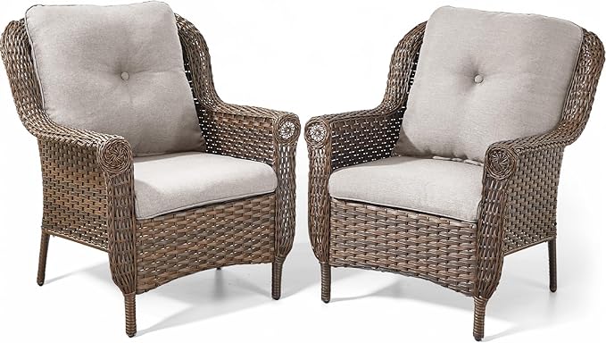 ACTREST Patio Wicker Chairs Outdoor Furniture Chair - Set of 2 Outside All Weather Lawn Dining Brown Rattan Armchair with High Back&Deep Seating for Deck Porch Balcony Backyard Garden - Beige