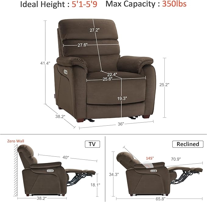 MCombo Power Zero Wall Hugger Recliner Chair for Small Space RV Living Room, Power Recliner with Adjustable Headrest, USB & USB-C Charging Ports, Fabric ST257 (Coffee)