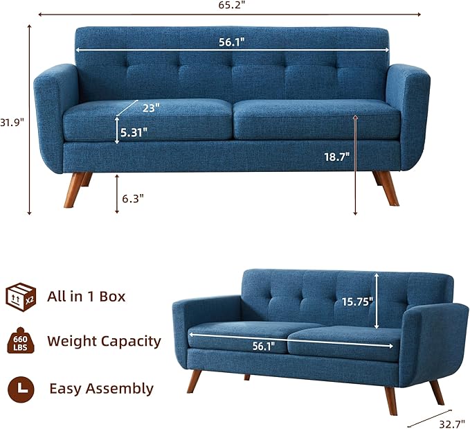 Tbfit 65" W Loveseat Sofa, Mid Century Modern Decor Love Seat Sofas and Couches for Living Room, Button Tufted Upholstered Small Couch for Bedroom, Solid and Easy to Install Love Seats Furniture, Blue | linen fabric, button tufted, solid wood foot, poc...