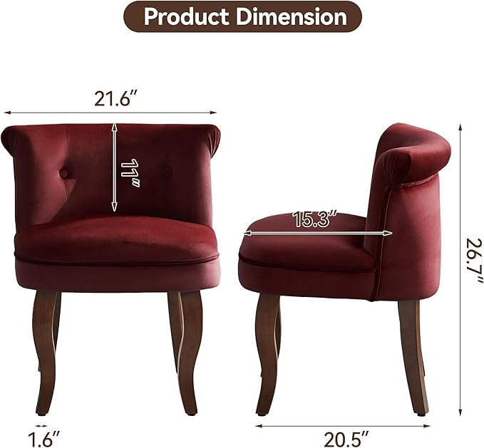 WUTUTUEE Velvet Vanity Chair with Solid Wood Legs, Tufted Upholstered Vanity Stool with Back, Mid Century Small Makeup Accent Chair for Bedroom, Living Room, Burgundy