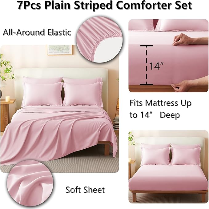CozyLux King Comforter Set - 7 Pieces Bed in a Bag Pink Comforter Set with Sheets Luxury Bed Set All Seasons, Soft Bedding Set with Down Alternative Comforter, Sheets, Pillowcases & Shams