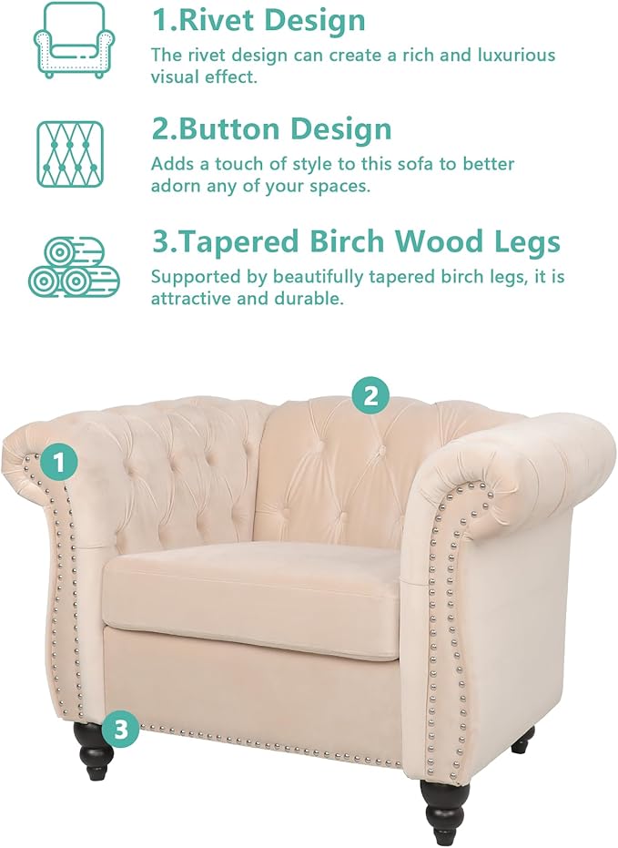 QHITTY Accent Chair, Chesterfield Chair Modern Velvet Upholstered Chair with Tufted Back for Living Room Furniture (Beige)