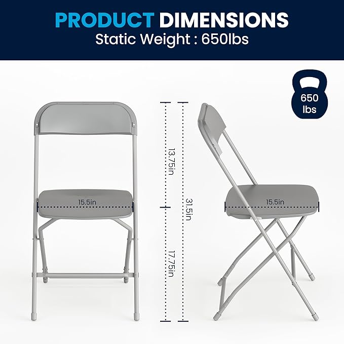 Flash Furniture Hercules Series Plastic Folding Chair - Grey - 6 Pack 650LB Weight Capacity Comfortable Event Chair-Lightweight Folding Chair