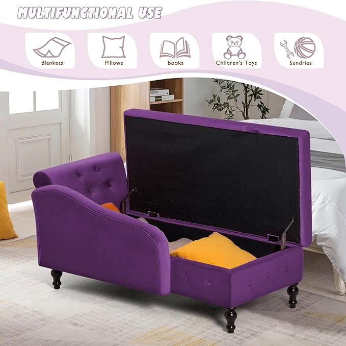 ACMEASE Upholstered Chaise Lounge with Right Armrest & Lumbar Pillow,Button Tufted Lounge Sofa with Storage,Lounge Chair Indoor,Modern Velvet Lounge Chair for Bedroom, Living Room and Office,Purpel