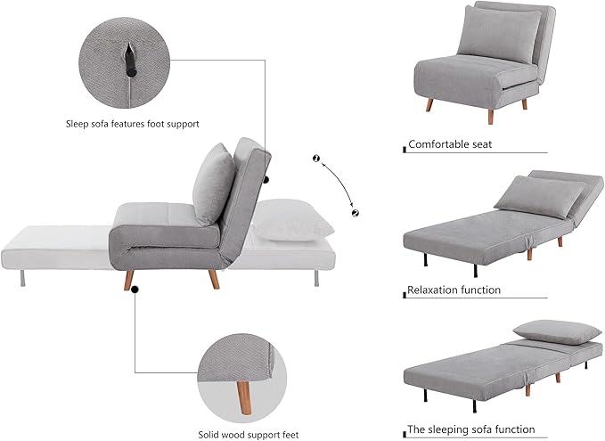 CITTANEO 31" Convertible Sleeper Chair, 3-in-1 Foldable Chair Bed with Pillow, 3-Position Adjustable Backrest, Single Sofa Bed for Apartment, Office, Light Gray