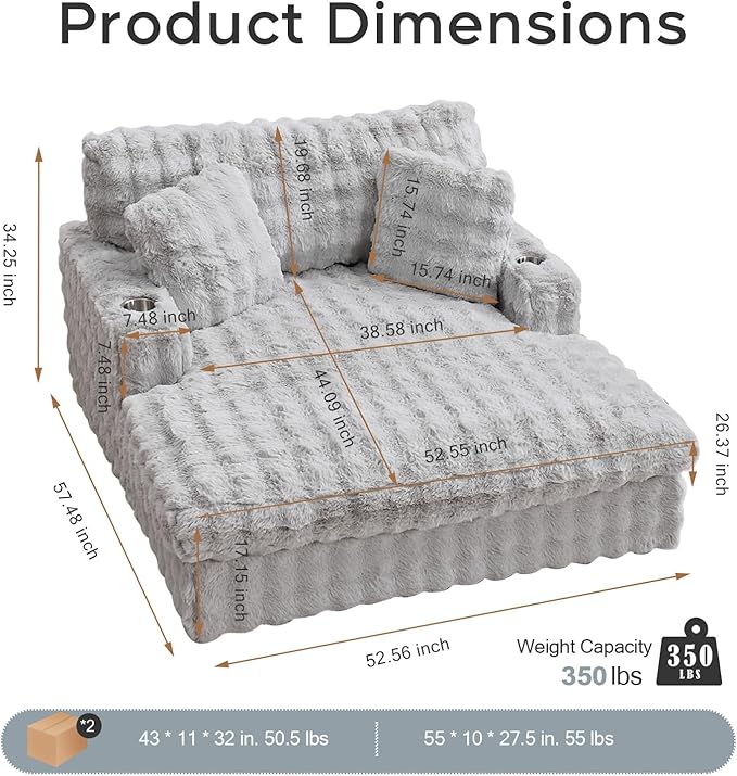 52.5 Inch Oversized Chaise Lounge Chair Indoor, Faux Fur Upholstered Sleeper Couch, Ergonomic Deep Seat Sleeper Sofa with Plush Pillows, Cup Holders, USB Port,Reading Chairs for Living Room/Light Grey