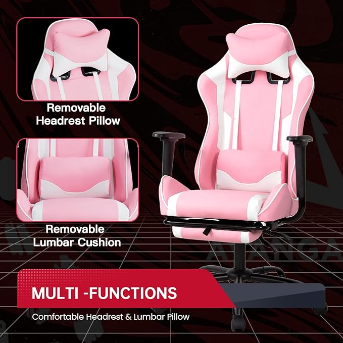 BestOffice | Ergonomic Gaming Chair | Pink | Reclining Computer Chair with Lumbar Support, Headrest Pillow, Adjustable Footrests | 360 Swivel with Heavy Duty Wheels | for Home & Office