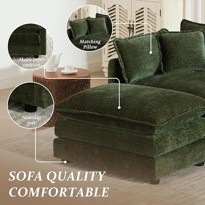 SoarFlash Chenille Sectional Sofa, Comfy Modular Coush Sofa with Ottoman, Modern 3 Seat Recliner Deep Seat Sofa Set for Living Room,Green
