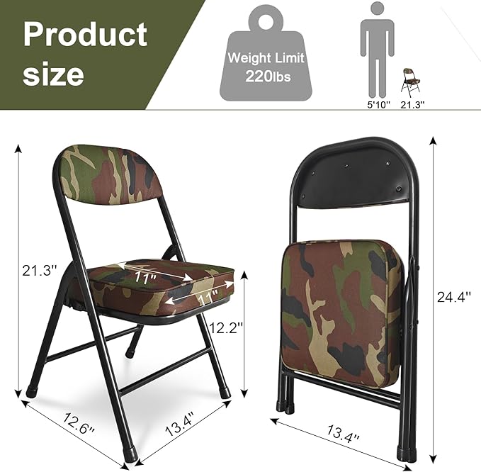 fusehome Mini Padded Folding Chairs, Garage Stool, Portable Camping Chair with Cushion, Lightweight Lawn Chair, for Outdoor Sports Events, Patio, Fishing, Hiking, Hunting, Picnic, Beach (Camo Green)