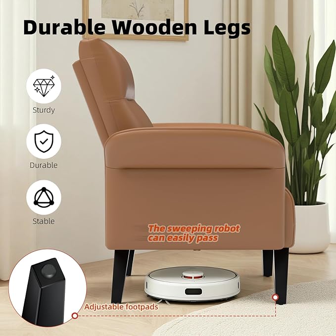 Modern Faux Leather Accent Sofa, Symmetrical Shawl Armchair with Wide Armrests & Wooden Legs, Brown Sofa Chair for Living Room, Apartment, Office