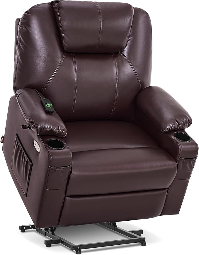 MCombo Extra Wide Power Lift Recliner Chair for Elderly, Lift Chair with Heat and Massage for Big People, USB&Type C Ports, Cup Holders, Faux Leather R7045 (Dark Brown, Medium-Wide)