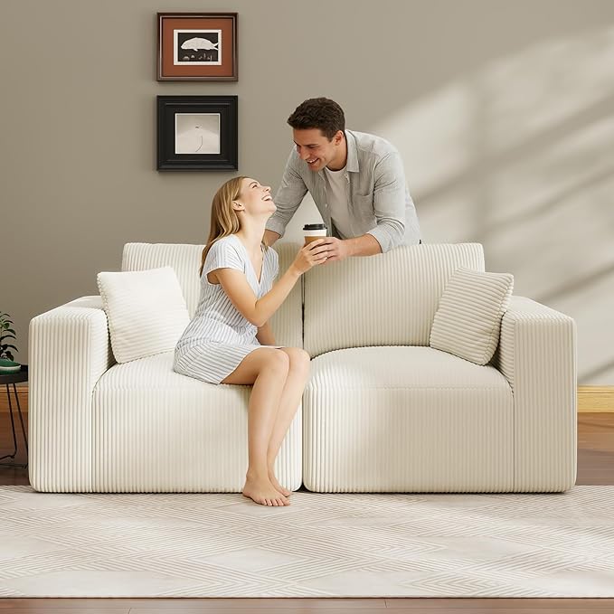 79" Modular Sectional Sofa, Cloud Couch Loveseat Memory Foam Boneless Couch with Chaise, Cozy Upholstered Corduroy Floor Couch, No Assembly Required Living Room Furniture for Apartment, Beige