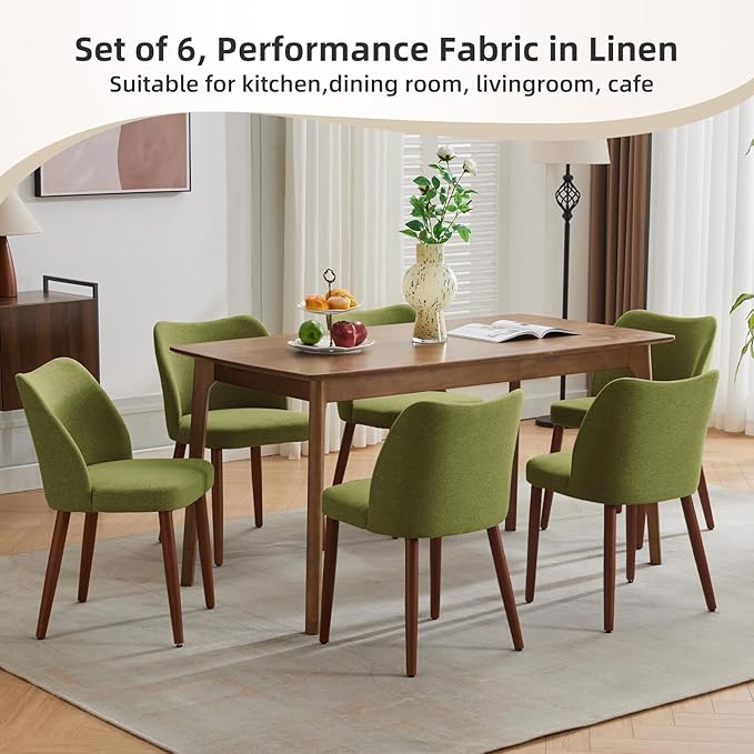 ElfinAura Dining Chair Set of 2, Linen Upholstered Dining Chair with Wood Legs, Wing Backrest, Wooden Kitchen Chair, Kitchen Chairs with Thick Cushions for Dining Room, Living Room, Green