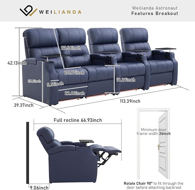 Weilianda Home Theater Seating, Top Grain Leather Sectional Seats Recliner Chair, Zero Gravity Reclining Sofa with Power Headrest 7 Colors Ambient Lighting USB C Charge Row of 4 Loveseat Left Blue