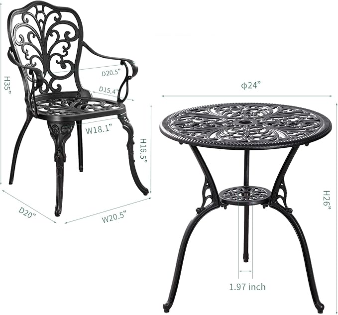Withniture Bistro Set 3 Piece Outdoor, Bistro Table and Chairs Set of 2, All Weather Patio Bistro Set with Umbrella Hole, Patio Set for Garden, Black