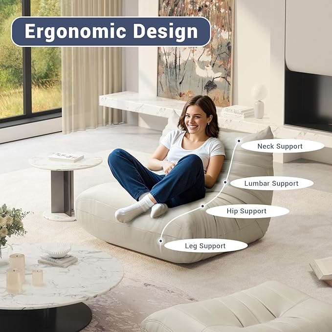 Bean Bag Chair for Adults, Fireside Chair Lazy Floor Sofa, Modern PU Faux Leather Caterpillar Sofa Couch, Armless Foam Lounger Tatami Recliner Bean Bag Couch for Living Room Bedroom Dorm Office