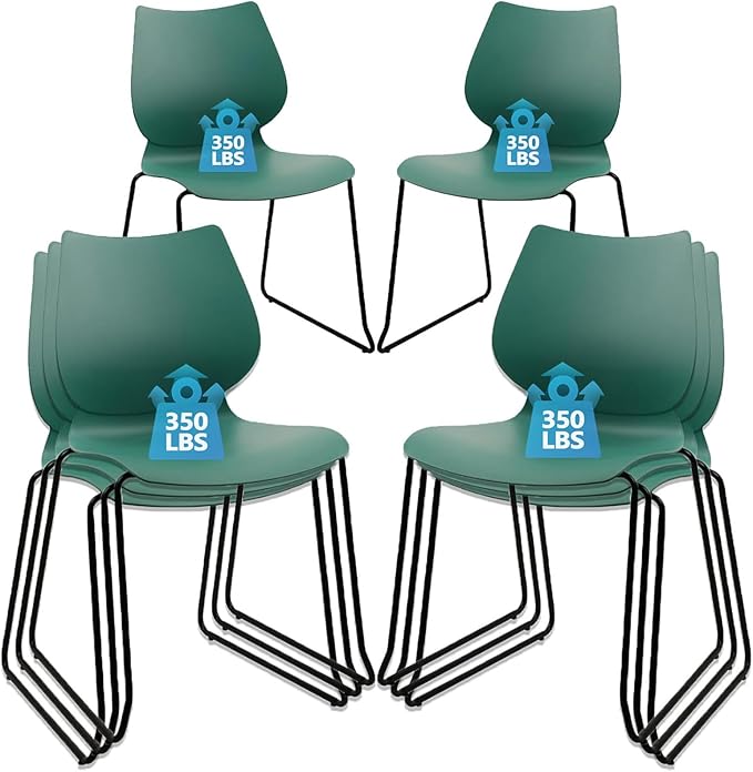 Stackable Waiting Room Chair, Stacking Office Chair with Ergonomic Lumbar Support and Metal Legs, Plastic Desk Chairs for Conference School Church Guest Reception Set of 4, Green