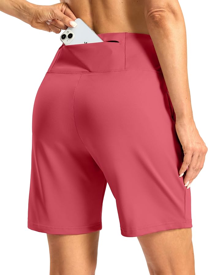 Women's Athletic Shorts with Zipper Pocket 7" High Waisted Stretchy Bermuda Shorts for Women Workout Running Casual