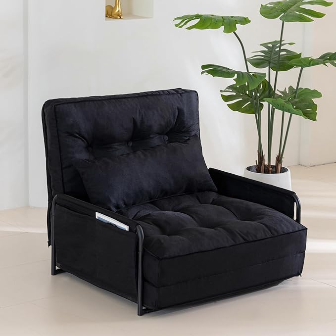YOSHOOT Adjustable Lazy Floor Sofa, Folding Couch Bed with 5 Positions Adjustable Backrest, Convertible Bean Bag Sofa Bed Couch Foldable Sleeper Chair with Pillow for Reading Gaming（Black, Single）