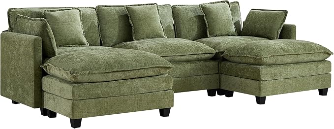 UMBFUN 3-Seater Cloud Couch with 2 Ottomans, Oversized Modular Sectional U Shaped Sofa with Deep Seat Cushions, Comfy Chenille Couch for Living Room, Green