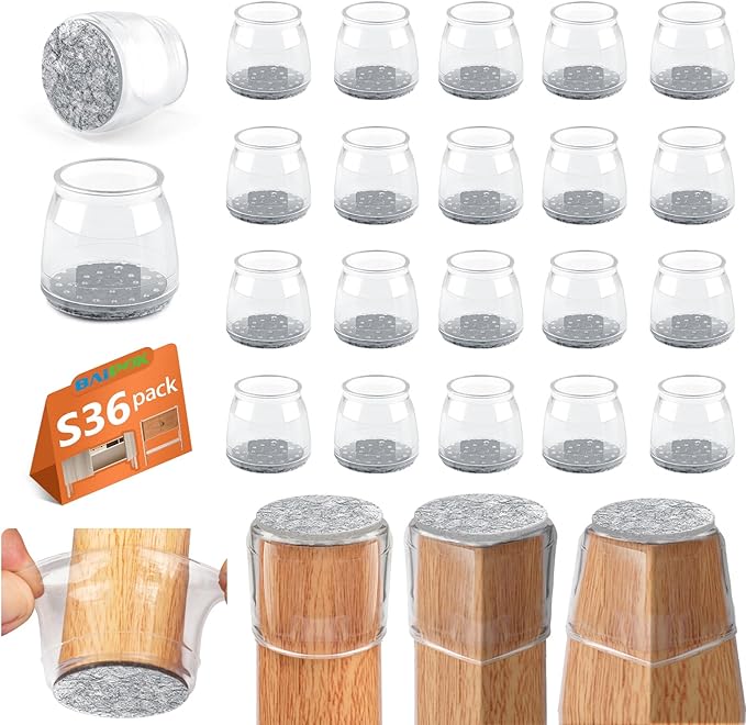 BAIPOK 36Pcs Round Chair Leg Floor Protectors with Felt Bottom, Silicone Chair Leg Covers Caps for Hardwood Floors, Dining Room Bar stools Leg Protectors, Reduce Noise & No Scratch, Clear, Small