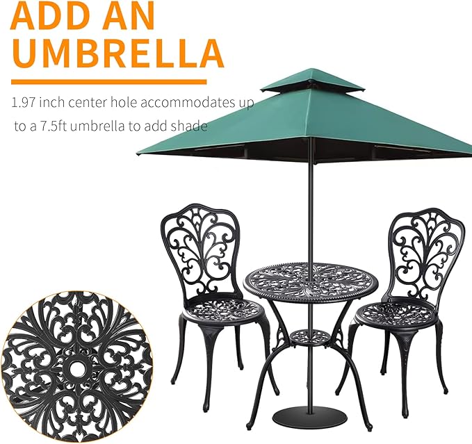 Withniture 3 Pieces Bistro Sets Cast Aluminum Outdoor Bistro Set, Patio Bistro Sets with Umbrella Hole, Weather Resistant Bistro Table and Chairs Set of 2 for Porch (Black, Butterfly)