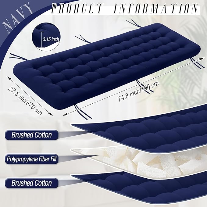 Vercraft Long Floor Cushion Large Floor Cushion with Brushed Cotton 74.8 x 27.5 x 3.15 in Jumbo Lounger Pillow for Outdoor Indoor Bay Window Meditation Yoga Reading Sleeping (Navy Blue)