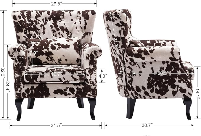 chairus Mid-Century Modern Accent Chair Comfy Tufted Single Sofa Chair Wingback Armchair with Pillow for Club, Living Room, Bedroom - Velvet, Cow