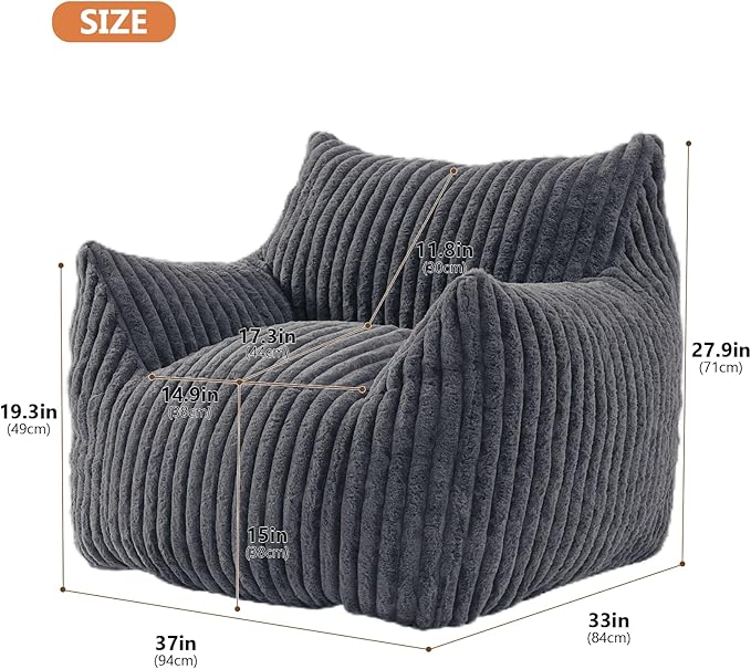 Giant Bean Bag Chairs for Adults with Filling Plush Fluffy Bean Bag Chairs for Teens with Armrests Comfy BeanBag Lazy Couch Sofa Chair for Bedroom Living Room Reading (Dark Gray2, M-for Teens/Adults)
