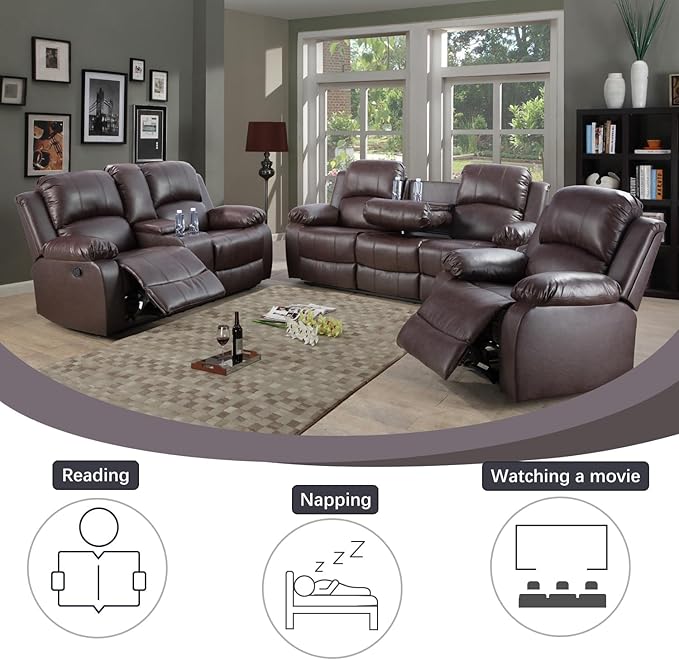 AYCP Bonded Leather Living Room Furniture Set Reclining Sofa Set Loveseat Furniture Sets in Living Room Sofa Recliners (3 Pieces, Brown)