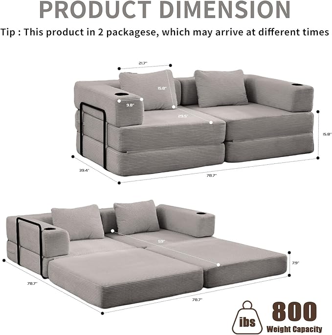 78" Loveseat Sleeper Sofa, 4 in 1 Convertible Floor Sofa Bed, Boneless Cloud Couch with Cup Holder, Fold Out Floor Couch for Living Room Bedroom Lounge, Corduroy, Light Grey