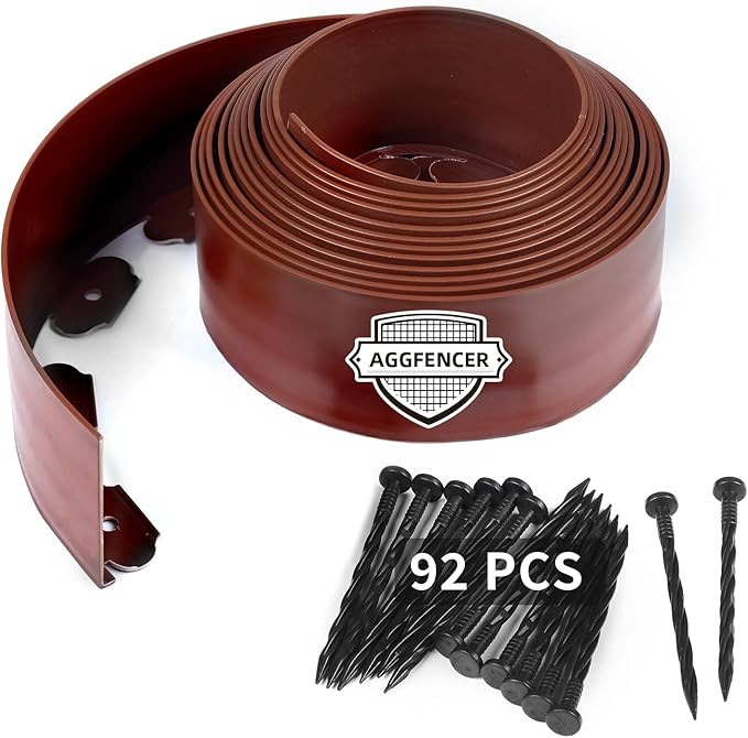 AggFencer 4 in x 50 Ft Garden Landscape Edging, No Dig Garden Edging Border Kit with 92 Pcs Spikes for Flower Bed Lawn Yard Grass Brown
