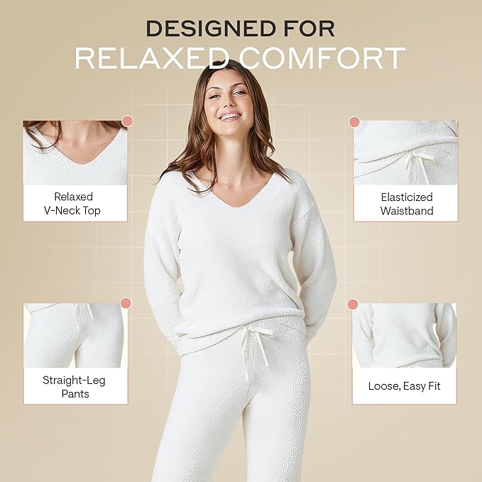 Softies Marshmallow V Neck Lounge Set for Women Ultra Soft 2 Piece Loungewear with Relaxed Top and Straight Leg Pants