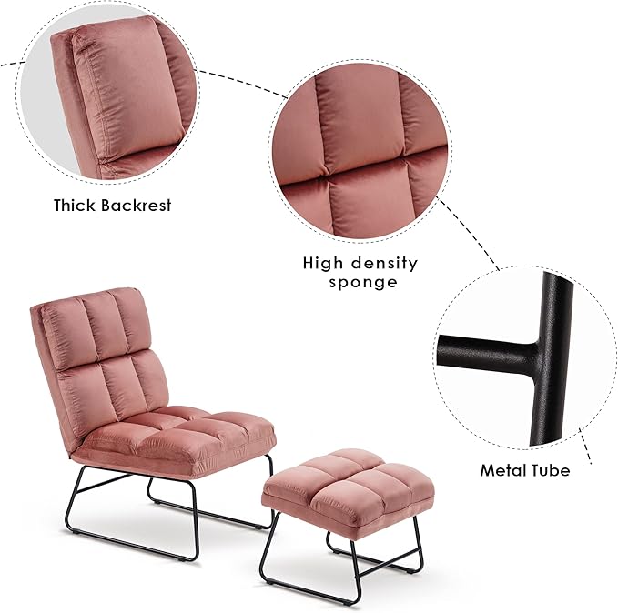 MCombo Velvet Accent Chair with Ottoman Set, Modern Armless Chair for Living Room, Bedroom, Small Space 0014 (Velvet, Pink)