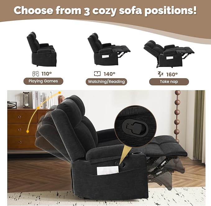 PALLOME Manual Reclining Loveseat Sofa, 2-Seater Recliner Couch with Cup Holders, Fabric Reclining Sofa for Living Room/RV (Black)