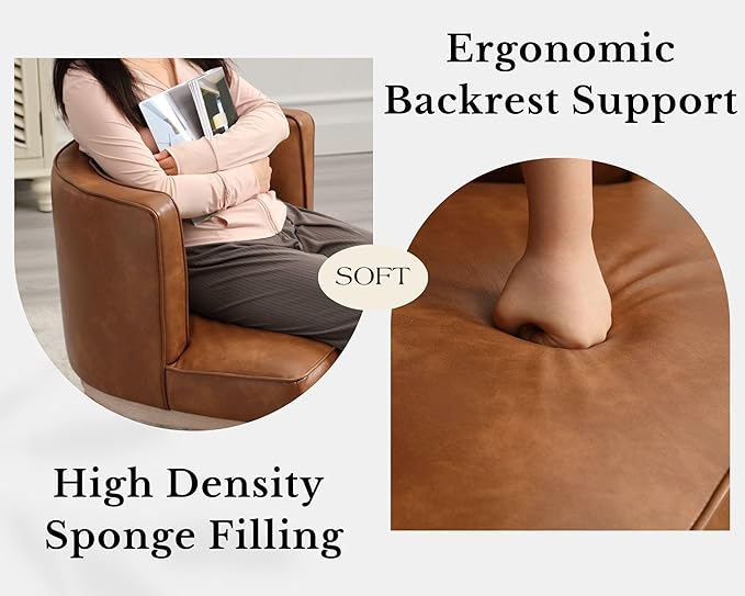 Comfy Barrel Chair Mid-Century Modern Accent Chair with Solid Wood Leg Upholstered Reading Arm Chair Faux Leather Waiting Room Round Side Chairs for Small Spaces Living Room Bedroom Office, Brown